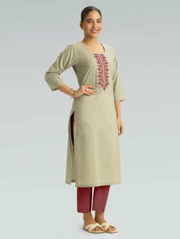 Women Plus - Grey Embroidered Pure Cotton Kurta