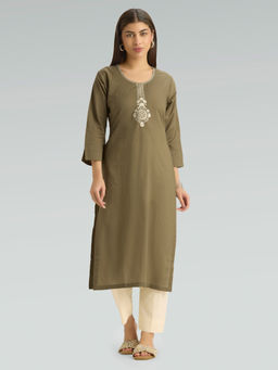 Women Plus - Army Brown Embroidered Pure Cotton Kurta