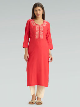 Women Plus - Red Embroidered Viscose Rayon Kurta