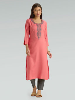 Women Plus - Sweet Pink Embroidered Viscose Rayon Kurta