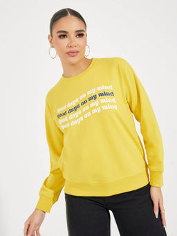 Styli - Women Yellow Typographic Regular Fit Sweatshirt