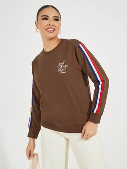 Styli - Women Brown Regular Fit Sweatshirt with Sleeve Piping