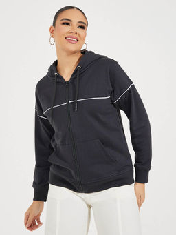 Styli - Women Black Regular Fit- Zipper Hoodie