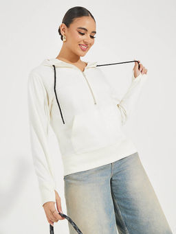 Styli - Women Off White Regular Fit- Half Zipper Sweatshirt Hoodie