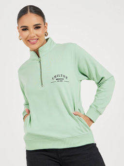 Styli - Women Green Regular Fit- Half Zipper Sweatshirt