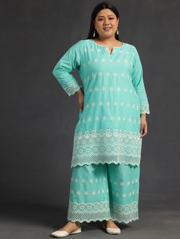 Extra love by Libas - Sea green cotton schiffli Co-ord Sets for Women