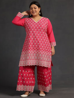 Extra love by Libas - Plus Size Women Pink cotton schiffli Co-ord Sets for Women