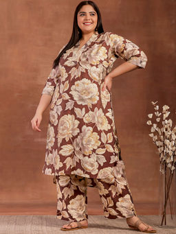 Extra love by Libas - Brown floral printed silk blend Co-ord Sets for Women