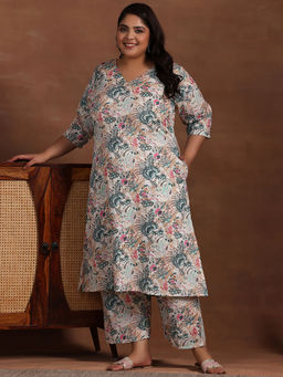 Extra love by Libas - Plus Size Women Cream floral printed Co-ord Sets for Women