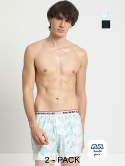 The Bear House - Mens White Dinosaur Printed Navy Solid Boxer (Pack of 2)