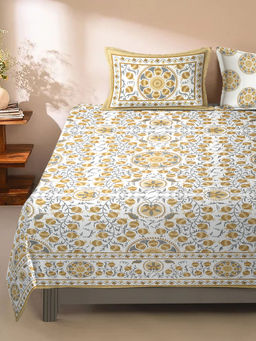 Rajasthan Decor - Floral Print Multi-Color King Size Bedsheet with 2 Pillow Covers