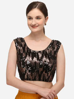 Amrutam Fab - Womens Embroidered & Sequence Work Black Velvet Stiched Blouse With Round Neck