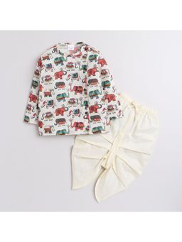 Polka Tots - Cotton Sleeves Multi Color Elephant Print Kurta & Dhoti (Set of 2)