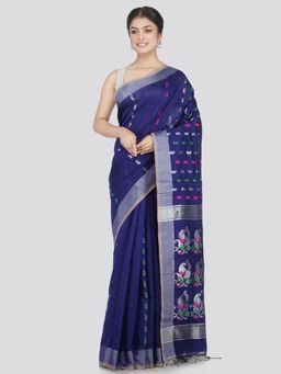 PinkLoom - Women's Cotton Blend Saree with Unstitched Blouse Piece, Blue