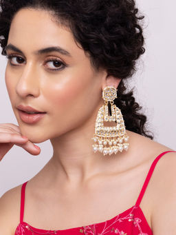 Indya - Gold White Kundan Pearl Geometric Drop Dangler Earrings