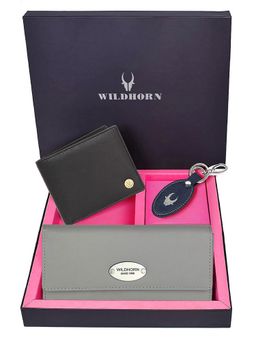 WILDHORN - Premium Leather Ladies Wallet, Mens Wallet and Keychain Gift -1K_GR_2052BK_K (Set of 3)