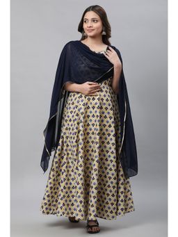 Aurelia - Beige Printed Flared Dress with Attached Dupatta