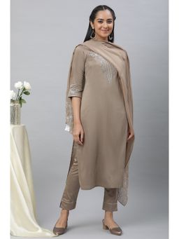 Aurelia - Greyish Gold Toned Brown Festive Kurta, Trouser and Dupatta (Set of 3)