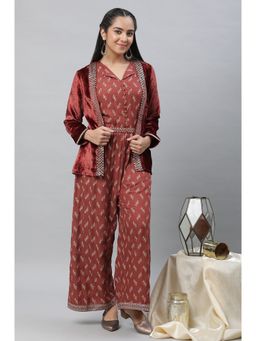 Aurelia - Maroon Embellished Jumpsuit with Velvet Jacket and Belt (Set of 3)