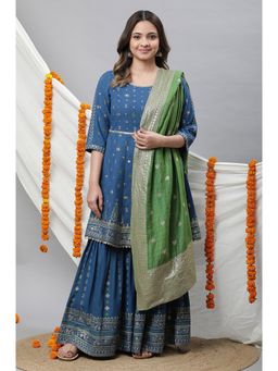 Aurelia - Blue Embellished Short Kurta, Sharara and Dupatta (Set of 3)