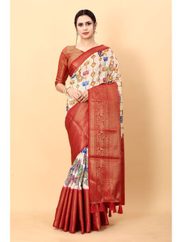 Yavira Silk - Cream & Red Kalamkari Digital Print Party Wear Saree with Unstitched Blouse