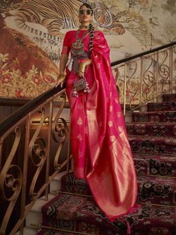 Akhilam - Womens Silk Blend Pink Woven Designer Saree with Unstitched Blouse