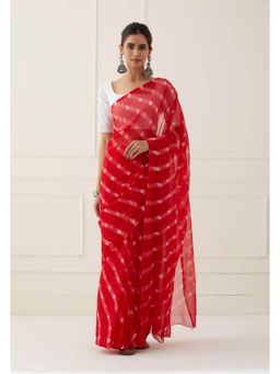 Sutra Attire - Red Hand Tie and Dyed Mothda Chiffon Saree with Unstitched Blouse