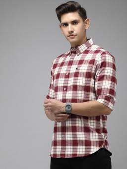 The Bear House - Men Maroon & Beige Checked Slim Fit Flannel Cotton Casual Shirt
