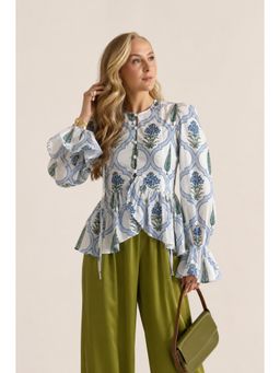 The NARI by SUGERCANDY - Women's Blue Floral Printed Cotton Peplum Top