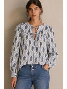 The NARI by SUGERCANDY - Women's Blue Floral Printed Cotton Tie-Up Top