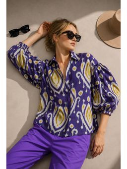 The NARI by SUGERCANDY - Women's Purple Ikat Print Cotton Balloon Top