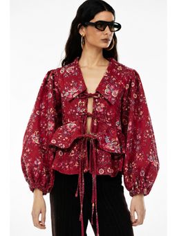 The NARI by SUGERCANDY - Women's Maroon Floral Tie-Up Peplum Top