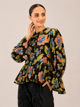 The NARI by SUGERCANDY - Women's Black Floral Printed Peplum Top