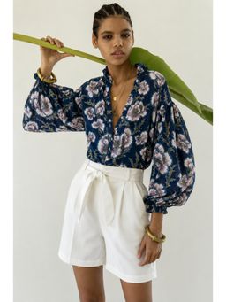 The NARI by SUGERCANDY - Women's Navy Blue Floral Printed Balloon Sleeve Top