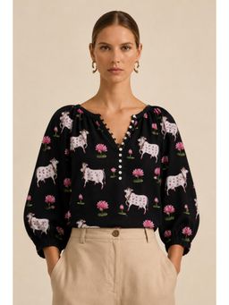 The NARI by SUGERCANDY - Women's Black Printed Cotton Top
