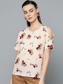 Marie Claire - Women Peach Coloured Cold Shoulder Printed Top