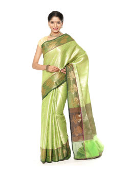 Banarasi Silk Works - Green Kanchi Silk Zari Pattu Border Saree with Unstitched Blouse