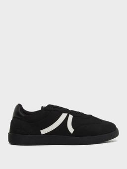 Styli - Men Cut and Sew Suede Fabric Striped Detail Lace Up Sneaker - Black