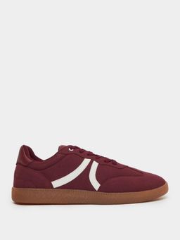 Styli - Men Cut and Sew Suede Fabric Striped Detail Lace Up Sneakers - Burgundy