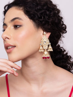 Indya - Gold Red Beaded Kundan Studded Jhumka Earrings