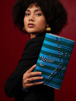 ETCETERA - Blue Green Striped Etc Envelope Clutch