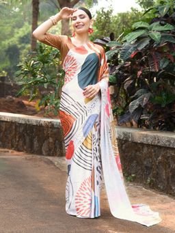 Akhilam - Women Crepe Multi-Color Digital Print Designer Saree with Unstitched Blouse