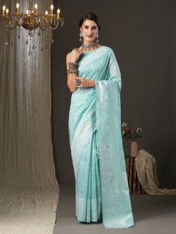 Akhilam - Womens Cotton Silk Turquoise Woven Design Designer Saree with Unstitched Blouse