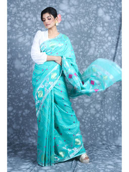 CHARUKRITI - Allover Zari Weaving Sky Blue Jamdani Saree with Unstitched Blouse