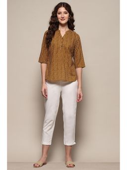 Biba - White Solid Cotton Blend Narrow Pant