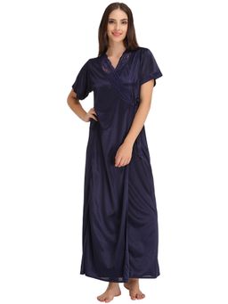 Clovia - Satin Night Dress And Robe Navy Blue (Set of 2)