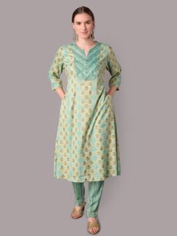 Shree - Women Rayon Turquoise Floral Printed Kurta With Trouser (Set Of 2)