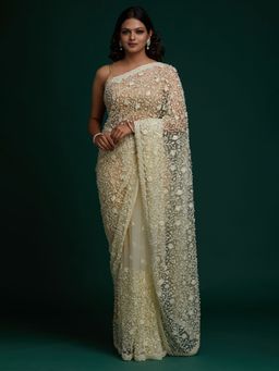Koskii - Cream Pearlwork Net Designer Saree with Unstitched Blouse