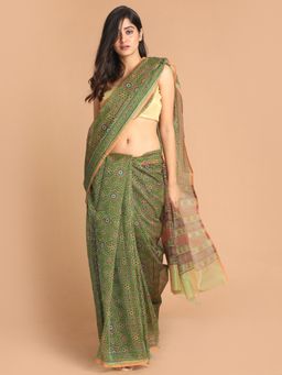 Indethnic - Green Printed Super Net Saree with Unstitched Blouse