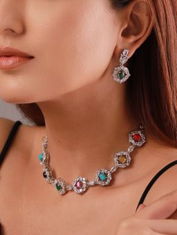 Voylla - Sparkling Essentials Prismara Multicolor American Diamond Necklace Set